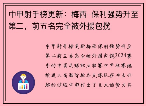 中甲射手榜更新：梅西-保利强势升至第二，前五名完全被外援包揽